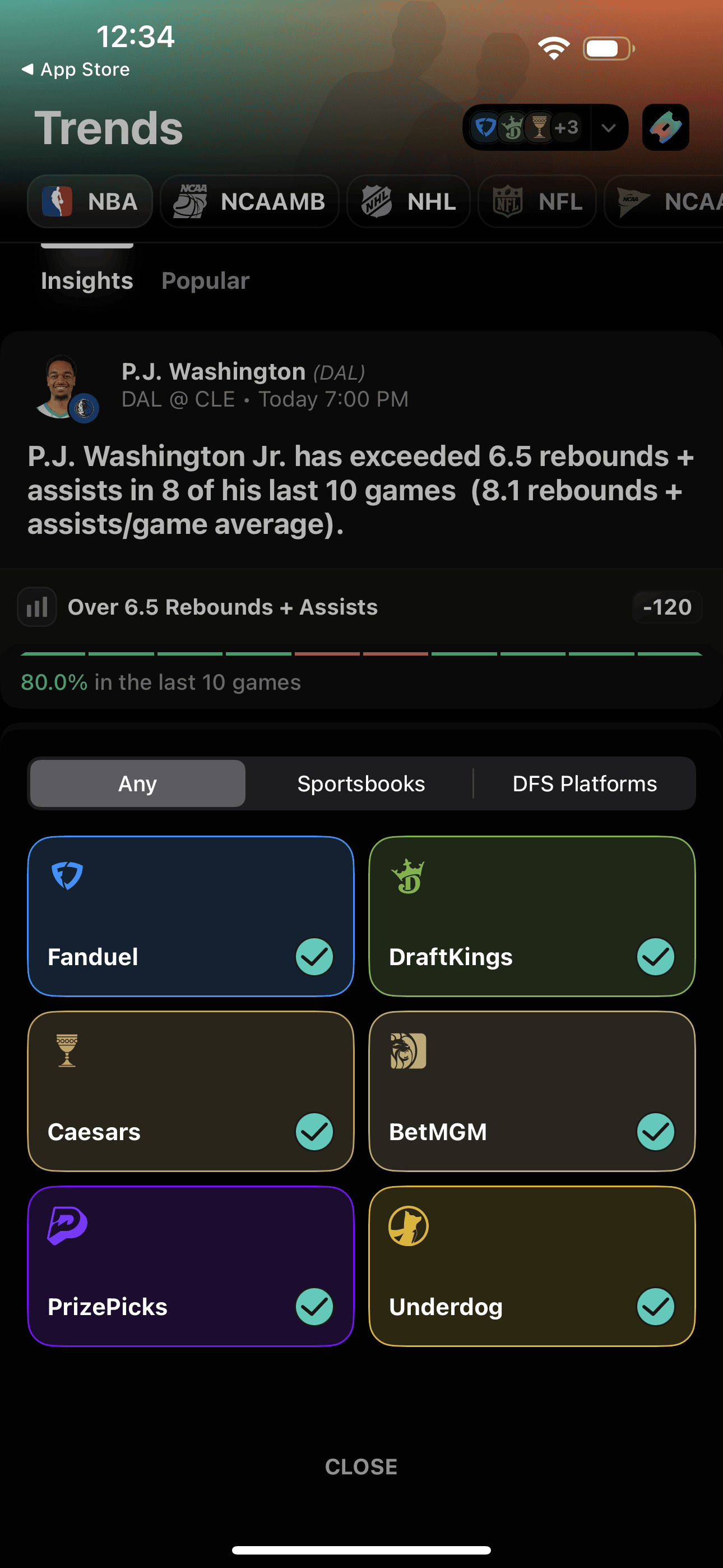 Outlier Odds and Trends Comparison interface in the app